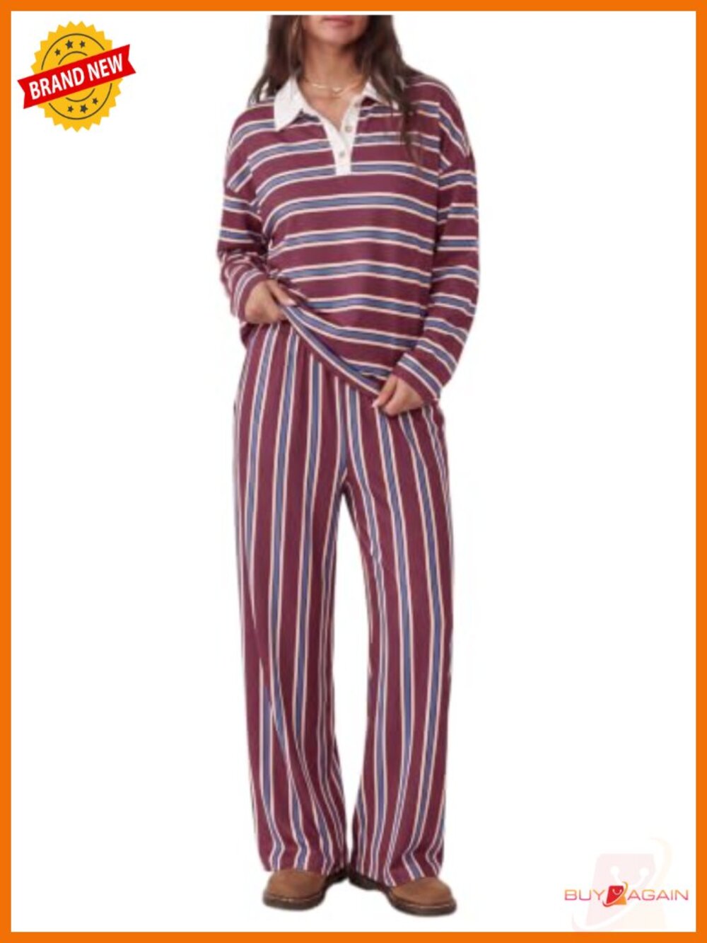 Women's 2-Piece Lounge Set Striped Long Sleeve Polo Wide Leg Pants